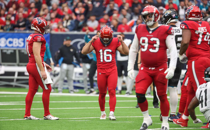 Houston Texans place kicker Matt Ammendola (16) reacts after missing a field goal attempt during the second quarter against the Jacksonville Jaguars at NRG Stadium.